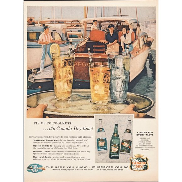 1956 Canada Dry Ginger Ale Club Soda Vintage Print Ad Boating Wood Boat Marina - Picture 1 of 1